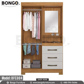 A white and brown wooden cupboard with a mirror on the upper right side, multiple storage drawers, and a closed door on the left side.